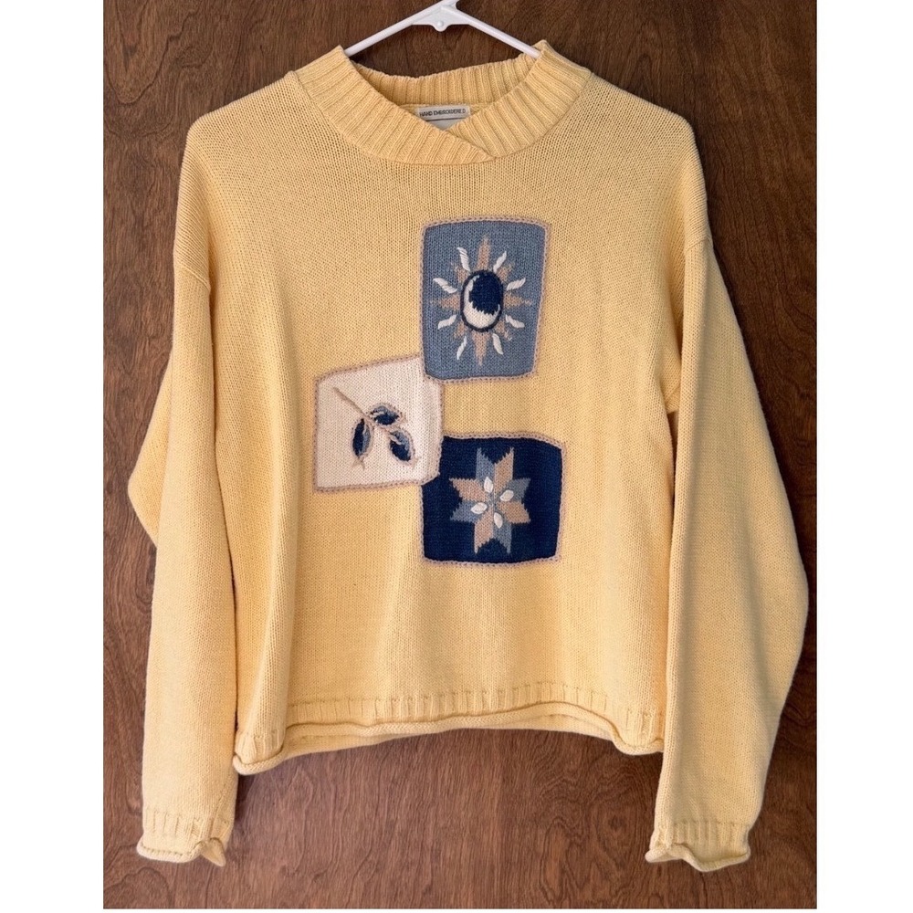 90s Vintage SM Hand Embroidered Yellow Floral Sun Patchwork Crochet Knit Sweater